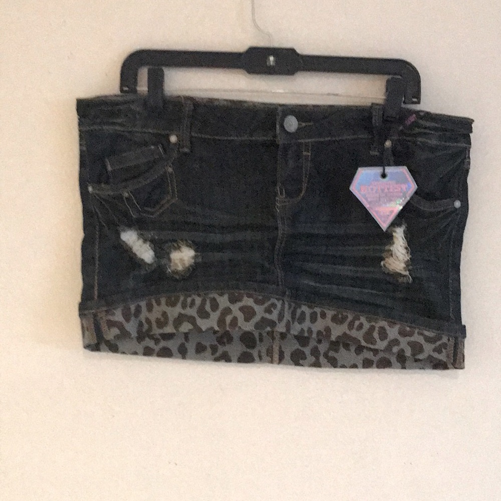 Almost famous mini mini distressed cheetah print denim skirt